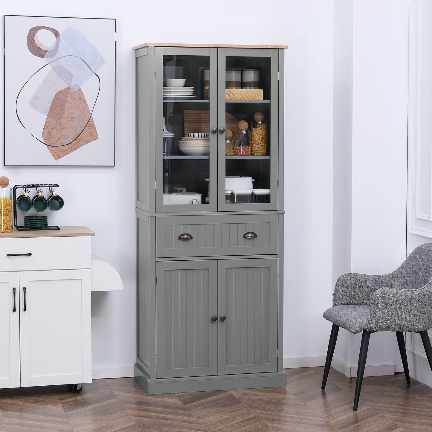Freestanding Kitchen Cupboard, 5-tier Storage Cabinet with Adjustable Shelves and Drawer for Living Room, Dining Room, Grey