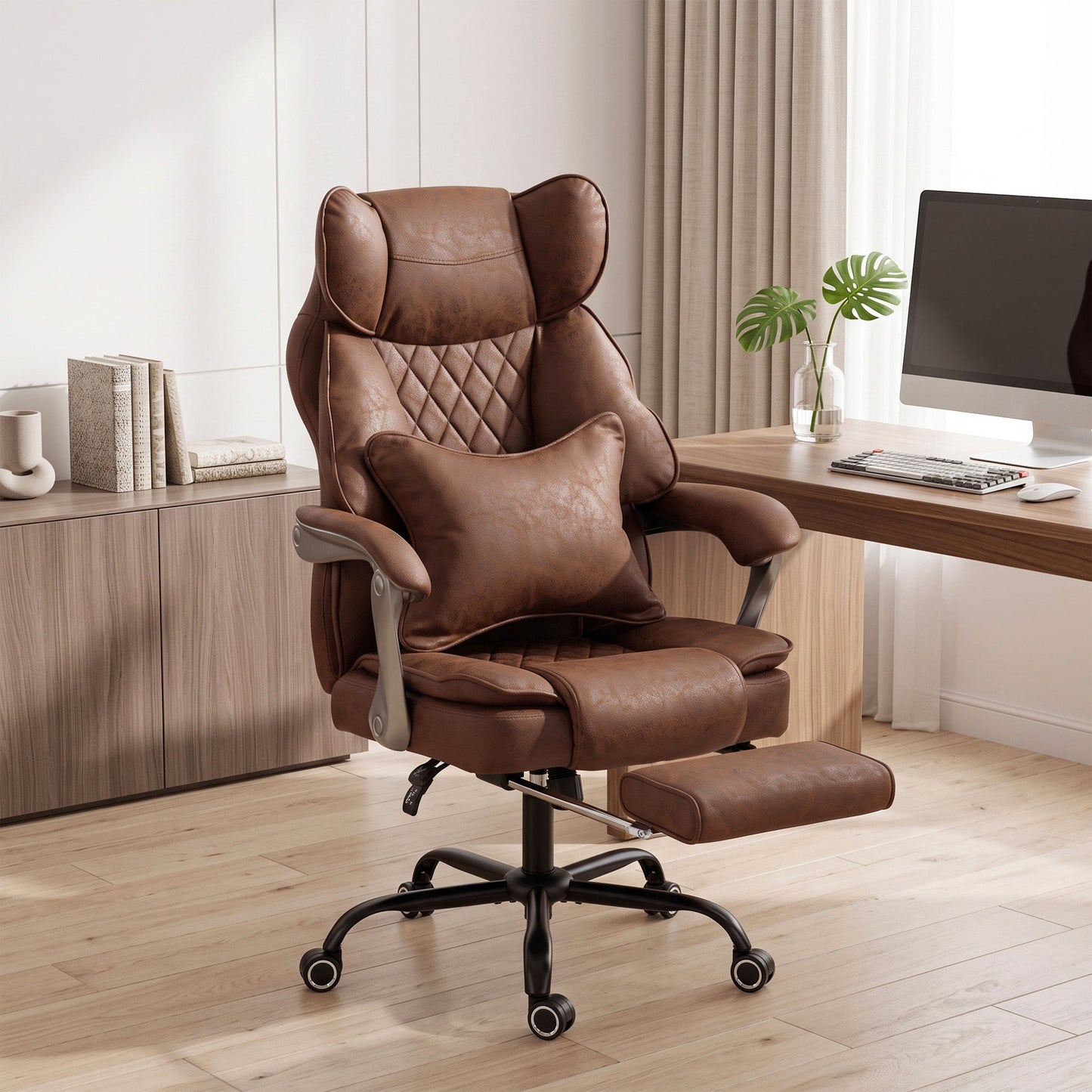 Executive Office Chair with Footrest, 180kg 400lb Big and Tall Leathaire Desk Chair with Wide Seat, Reclining Back, Lumbar Support, Built-in Headrest, Class 4 Gas Lift, Swivel Wheel, Brown