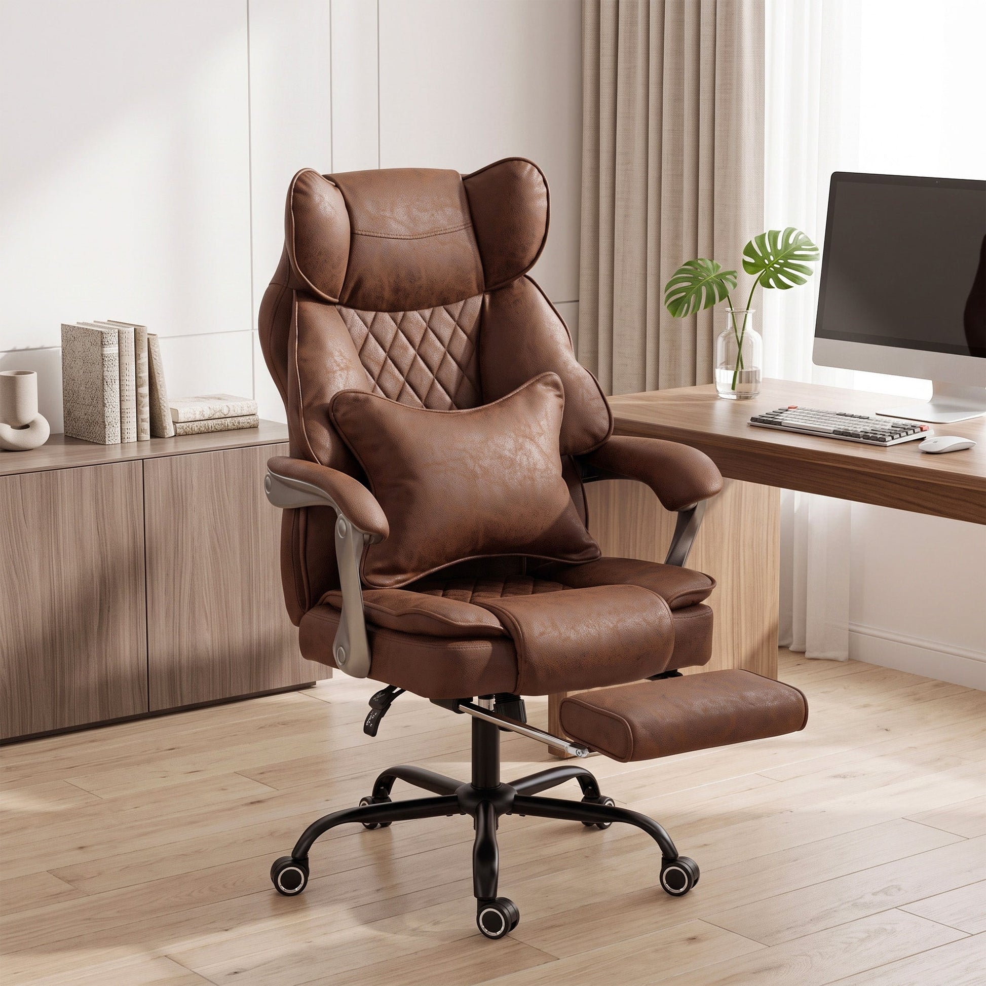 Executive Office Chair with Footrest, 180kg 400lb Big and Tall Leathaire Desk Chair with Wide Seat, Reclining Back, Lumbar Support, Built-in Headrest, Class 4 Gas Lift, Swivel Wheel, Brown