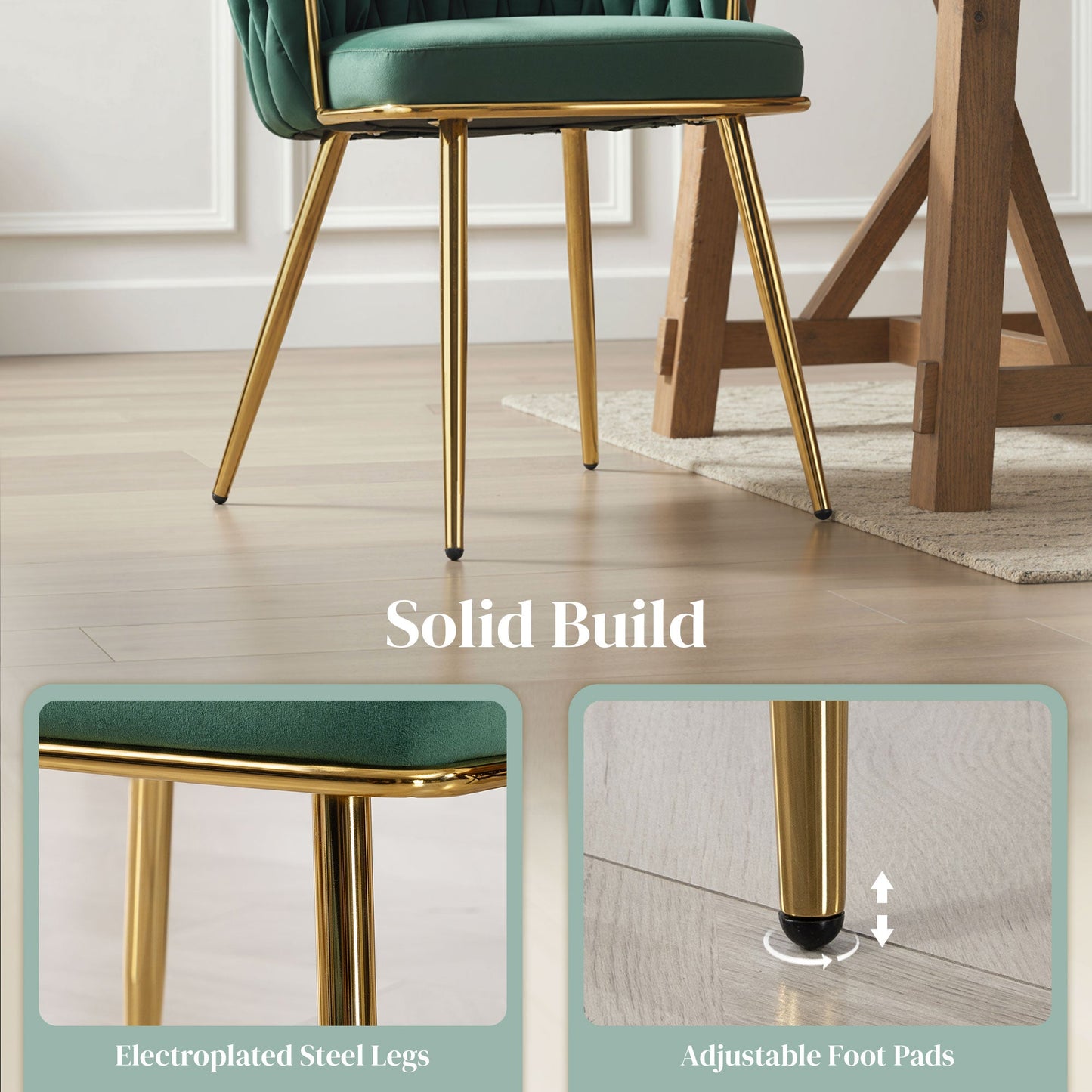 Velvet-Feel Dining Chairs Set of 2, Modern Upholstered Kitchen Chairs with Woven Backrest and Armrests, Metal Legs and Padded Seat for Dining Room, Bedroom, Living Room, Dark Green