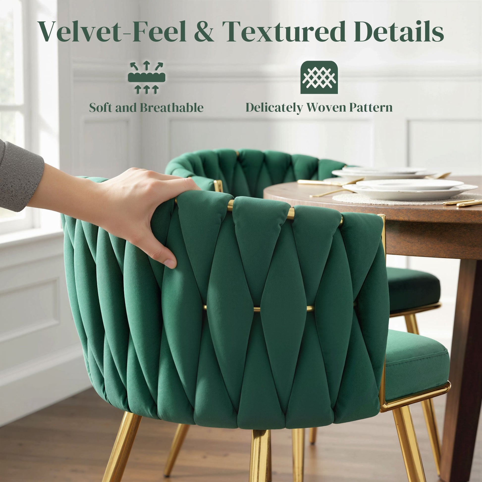 Velvet-Feel Dining Chairs Set of 2, Modern Upholstered Kitchen Chairs with Woven Backrest and Armrests, Metal Legs and Padded Seat for Dining Room, Bedroom, Living Room, Dark Green
