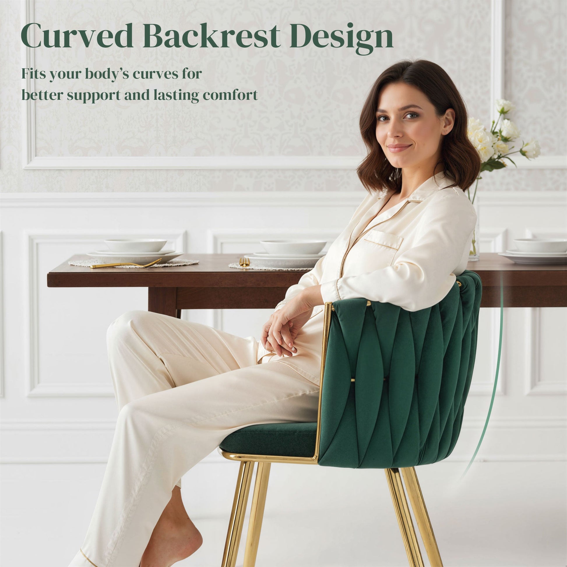 Velvet-Feel Dining Chairs Set of 2, Modern Upholstered Kitchen Chairs with Woven Backrest and Armrests, Metal Legs and Padded Seat for Dining Room, Bedroom, Living Room, Dark Green