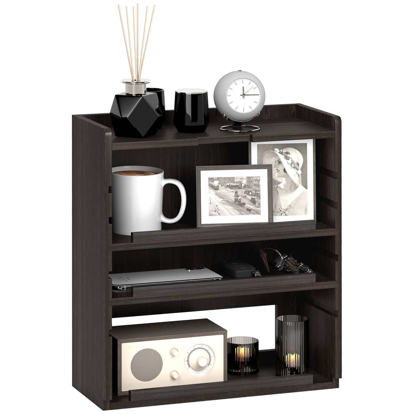HOMCOM 4-Tier Desk Organiser, Multifunctional Assembled Desktop Organiser with Adjustable Shelves and Cable Management for Stationery, Office Supplies, Paper, Dark Brown