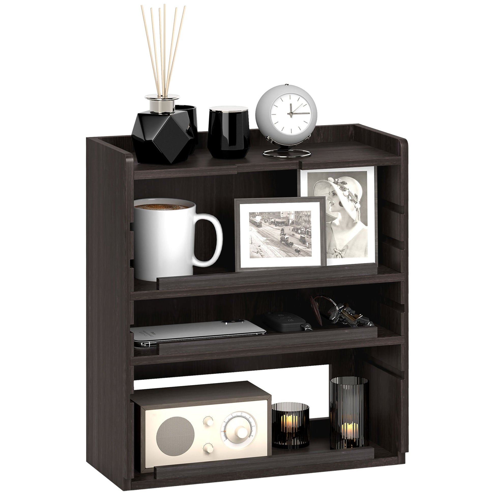 HOMCOM 4-Tier Desk Organiser, Multifunctional Assembled Desktop Organiser with Adjustable Shelves and Cable Management for Stationery, Office Supplies, Paper, Dark Brown