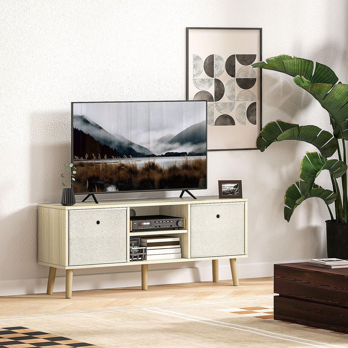 HOMCOM TV Cabinet Stand Unit for TVs up to 50" Flat Screen with Foldable Drawers and Shelves, Entertainment Centre for Living Room, Bedroom Nature Wood Finish