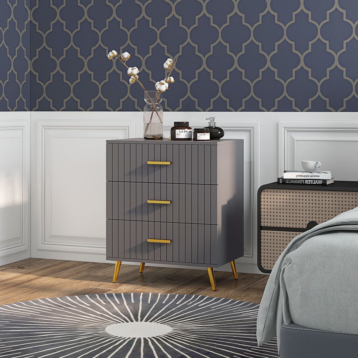 HOMCOM Bedroom Chest of Drawers, Modern 3-Drawer Dresser, Storage Drawer Unit with Aluminium Legs, Dark Grey