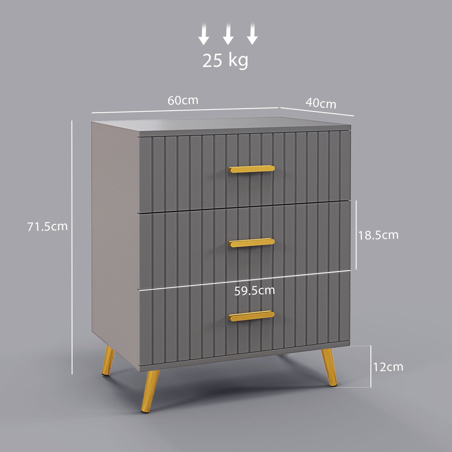 HOMCOM Bedroom Chest of Drawers, Modern 3-Drawer Dresser, Storage Drawer Unit with Aluminium Legs, Dark Grey