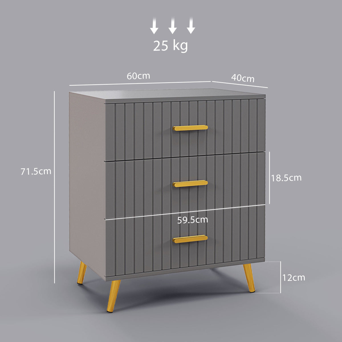 HOMCOM Bedroom Chest of Drawers, Modern 3-Drawer Dresser, Storage Drawer Unit with Aluminium Legs, Dark Grey