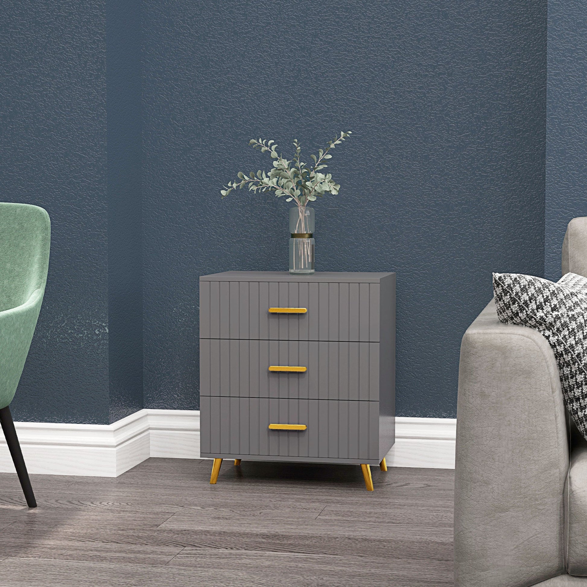 HOMCOM Bedroom Chest of Drawers, Modern 3-Drawer Dresser, Storage Drawer Unit with Aluminium Legs, Dark Grey