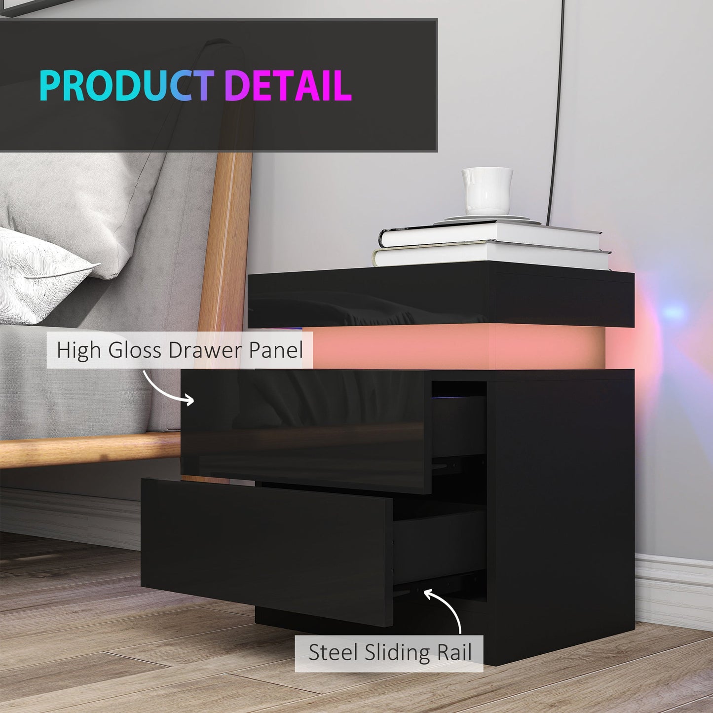 High Gloss Front Bedside Table, APP Control Nightstand with RGB LED Light and 2 Drawers, Chest of Drawers for Bedroom, Living Room, Set of 2, Black