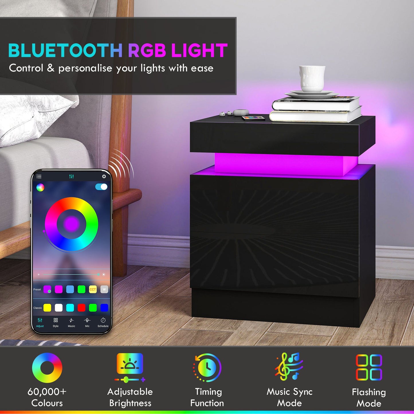 High Gloss Front Bedside Table, APP Control Nightstand with RGB LED Light and 2 Drawers, Chest of Drawers for Bedroom, Living Room, Set of 2, Black