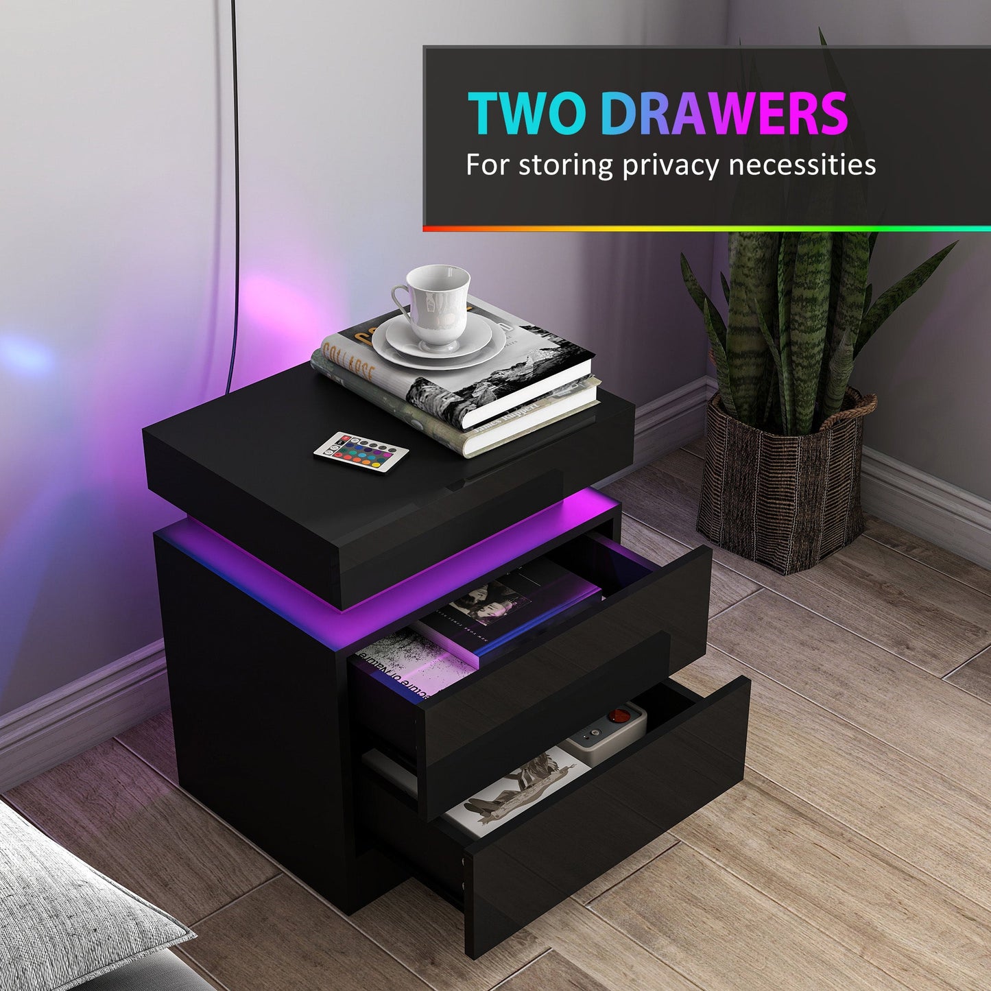 High Gloss Front Bedside Table, APP Control Nightstand with RGB LED Light and 2 Drawers, Chest of Drawers for Bedroom, Living Room, Set of 2, Black