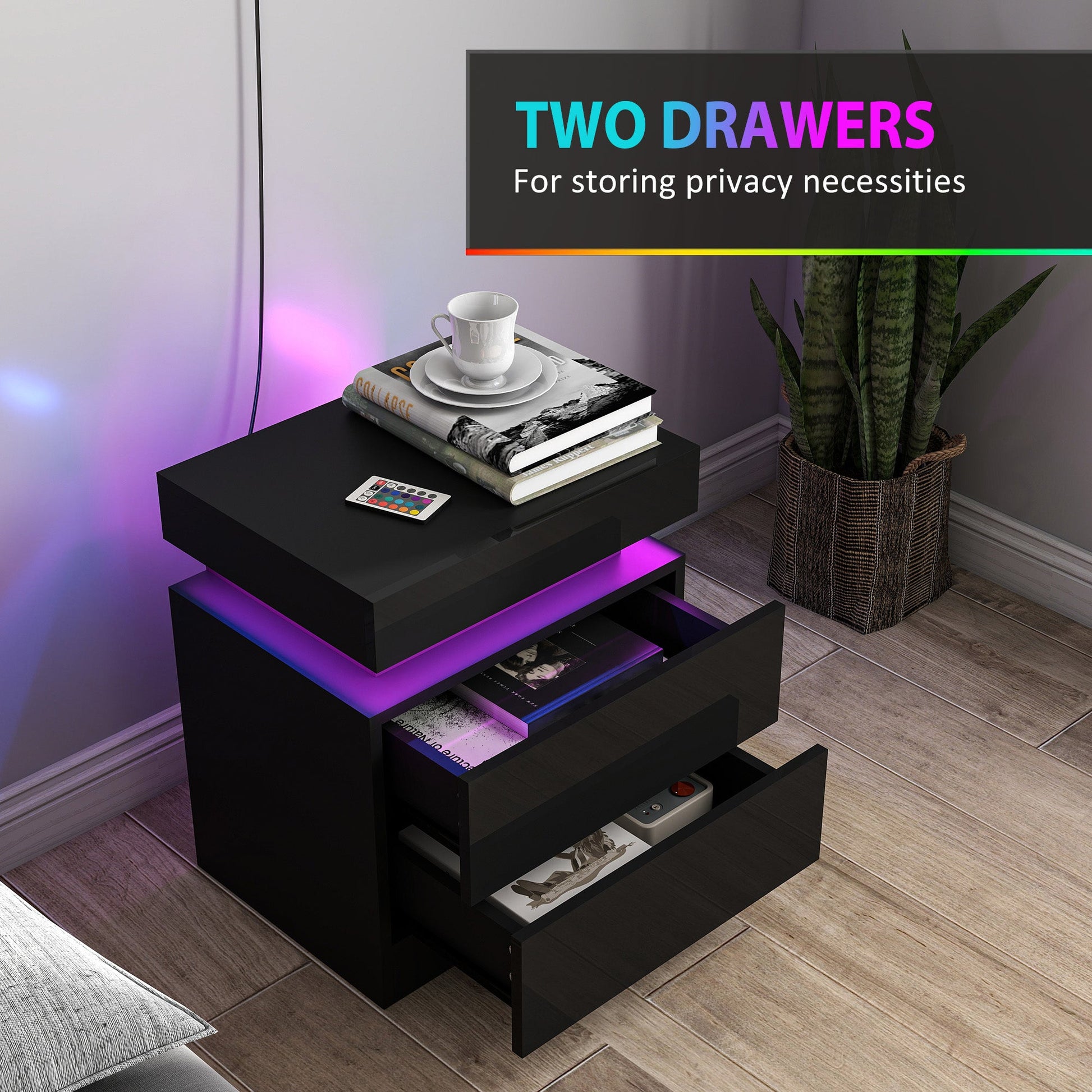 High Gloss Front Bedside Table, APP Control Nightstand with RGB LED Light and 2 Drawers, Chest of Drawers for Bedroom, Living Room, Set of 2, Black