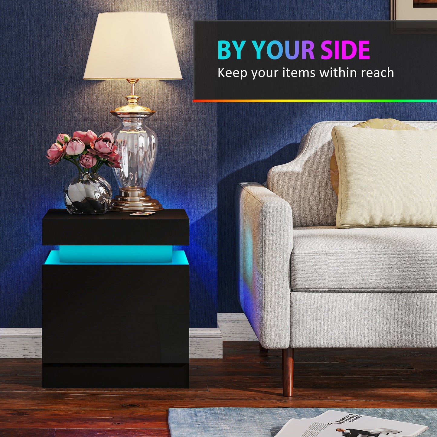 High Gloss Front Bedside Table, APP Control Nightstand with RGB LED Light and 2 Drawers, Chest of Drawers for Bedroom, Living Room, Set of 2, Black