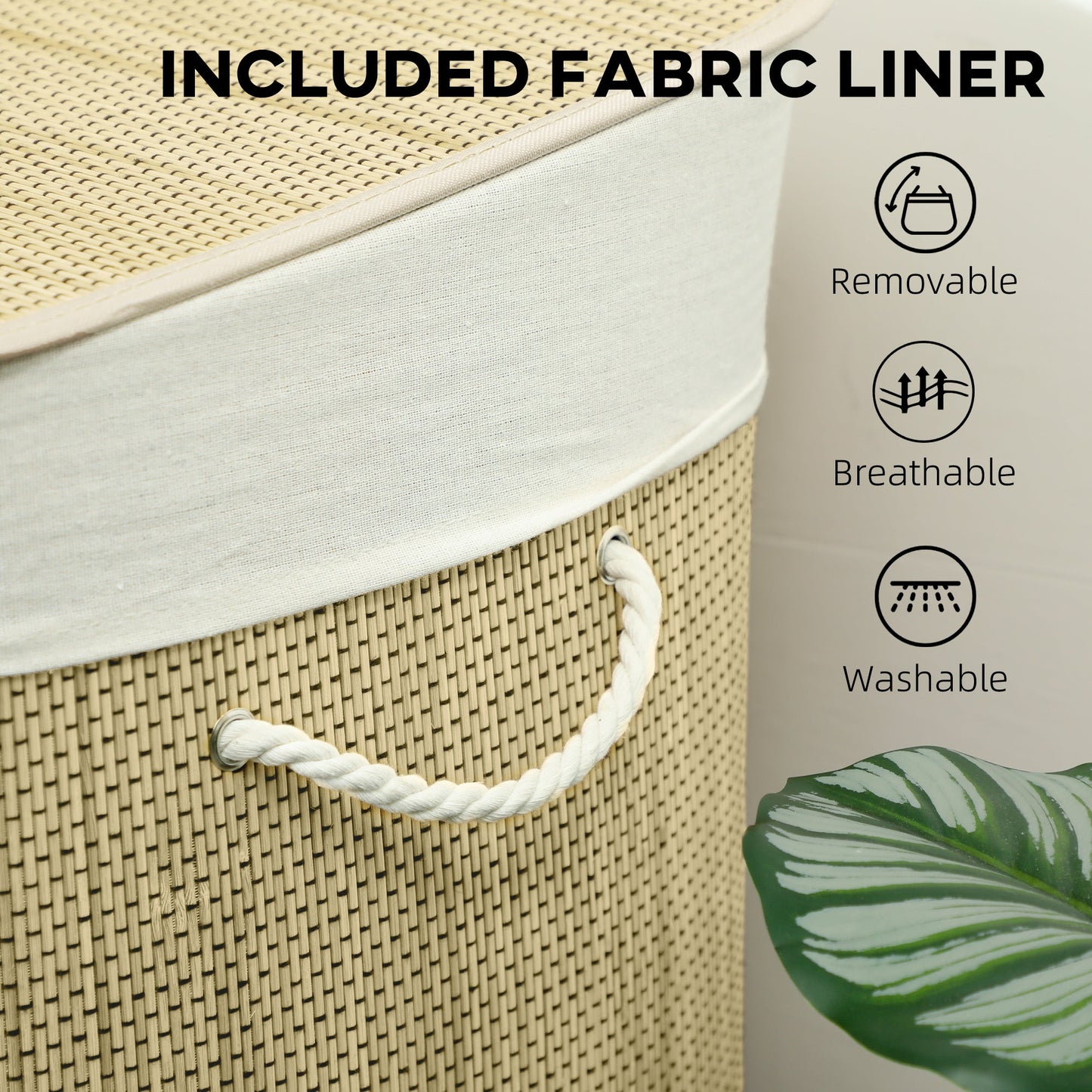 144L Laundry Basket with Lid, 3 Section Bamboo Laundry Hamper with Removable and Washable Liner, Handles, Dirty Clothes Hamper for Bathroom, Bedroom, Cream White