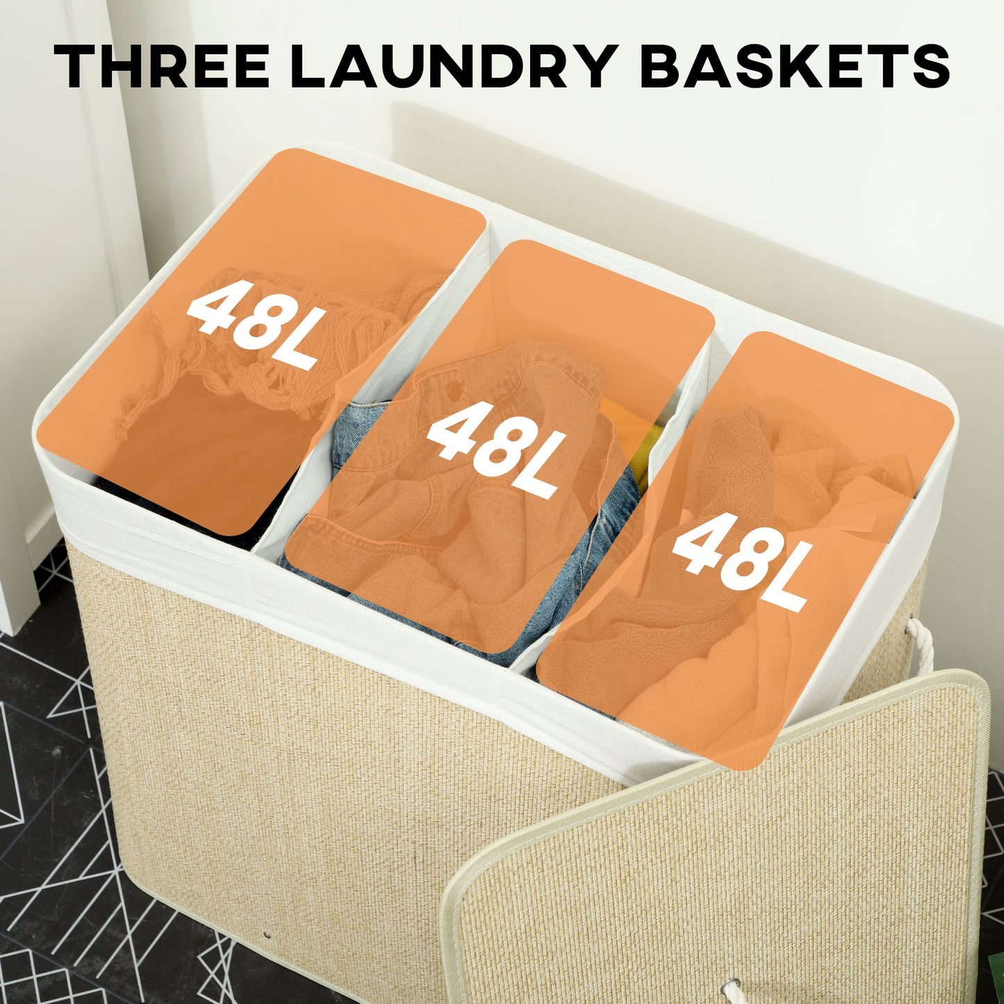 144L Laundry Basket with Lid, 3 Section Bamboo Laundry Hamper with Removable and Washable Liner, Handles, Dirty Clothes Hamper for Bathroom, Bedroom, Cream White