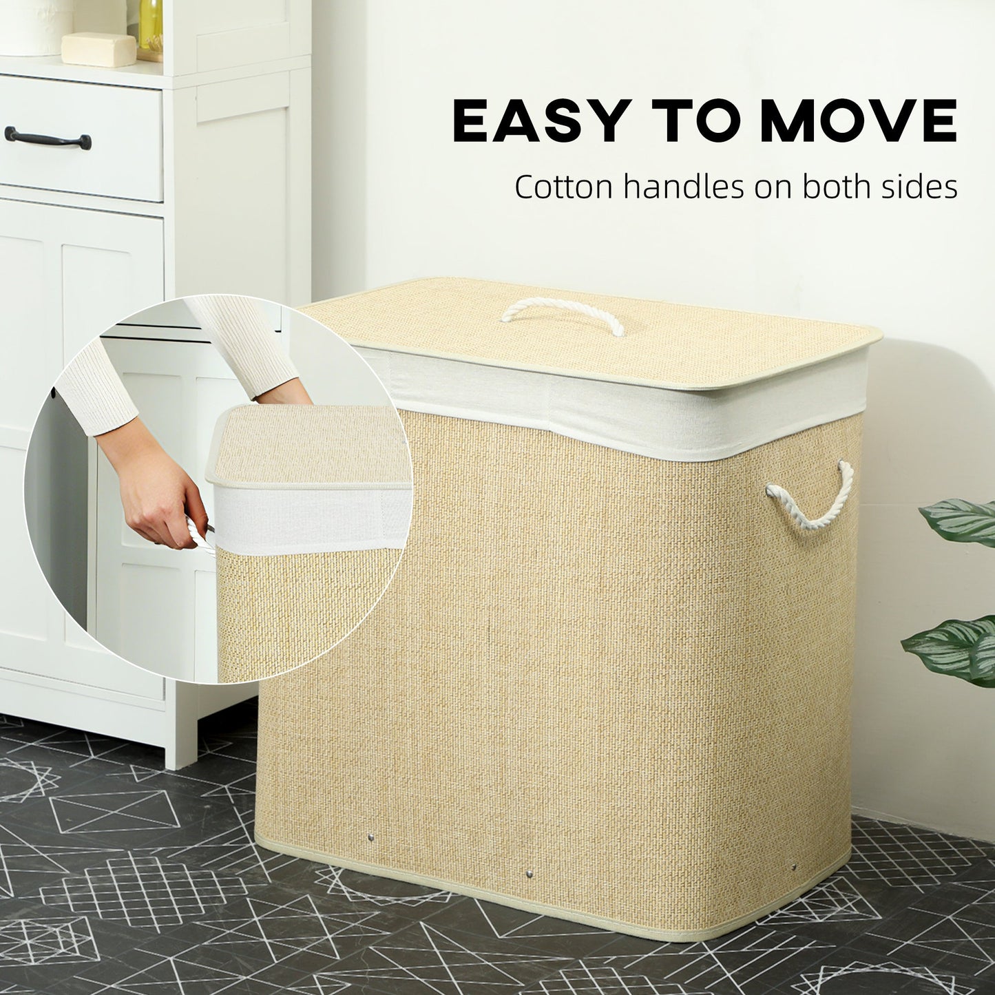 144L Laundry Basket with Lid, 3 Section Bamboo Laundry Hamper with Removable and Washable Liner, Handles, Dirty Clothes Hamper for Bathroom, Bedroom, Cream White