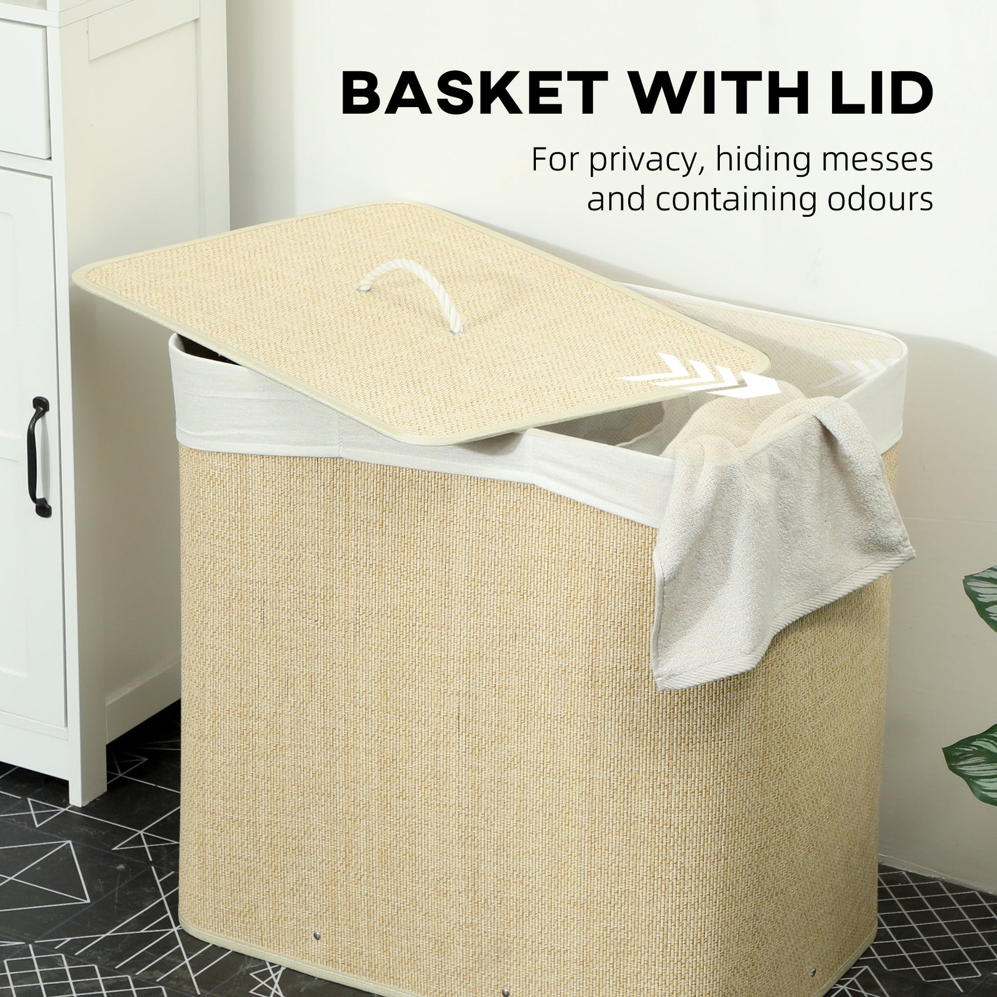 144L Laundry Basket with Lid, 3 Section Bamboo Laundry Hamper with Removable and Washable Liner, Handles, Dirty Clothes Hamper for Bathroom, Bedroom, Cream White