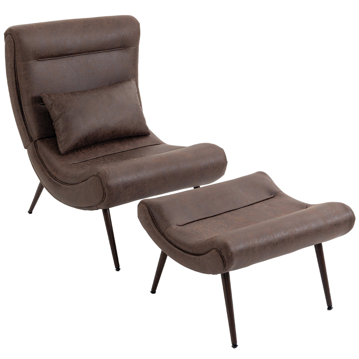 Modern Accent Chair with Footstool, Upholstered Lounge Chair with 64cm Wide Seat, Lumbar Pillow, Trapezoidal Backrest, Wood-Effect Steel Legs, Reading Seat for Living Room, Study, Dark Brown