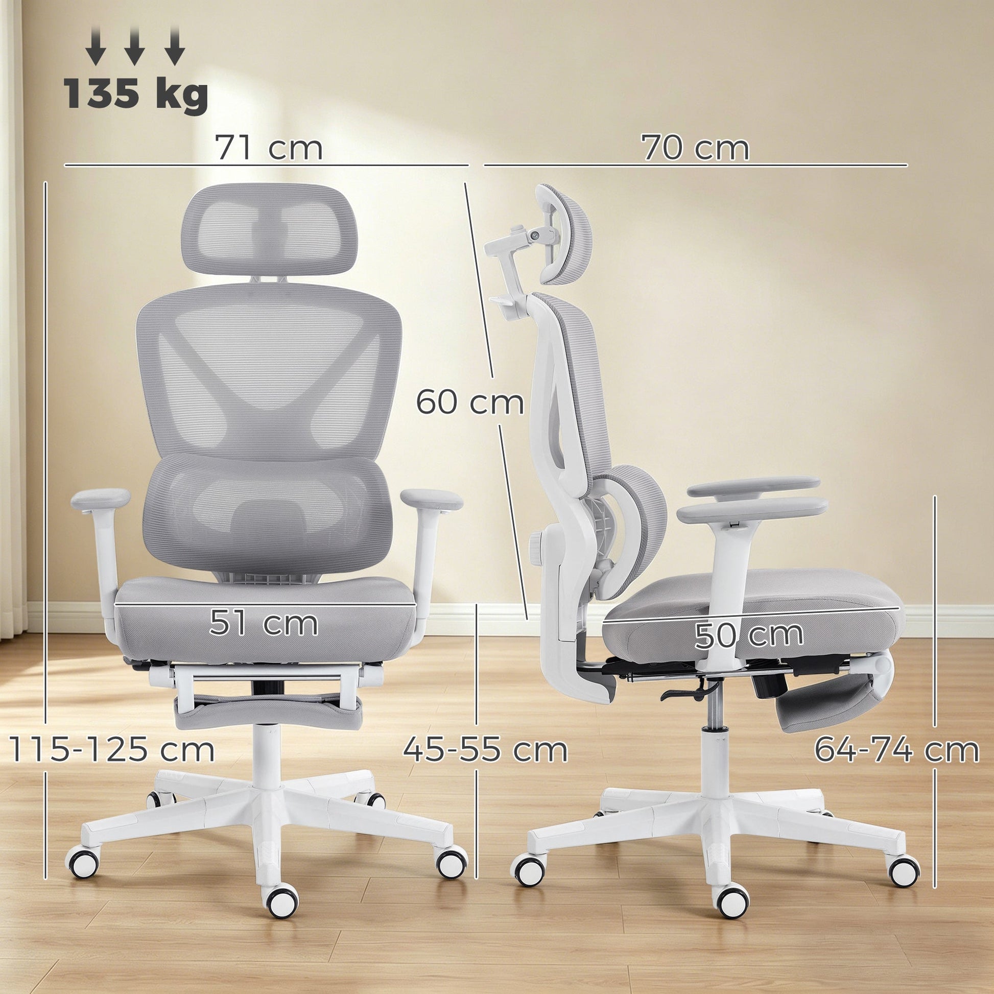 Ergonomic Office Chair, Mesh Desk Chair with 3D Armrests, Rotatable Headrest, Adjustable Lumbar Support, Coat Hanger, Footrest for Home Office, Grey