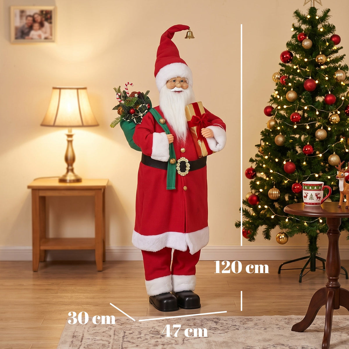 4ft Life Size Singing Dancing Santa Claus, 120 cm Standing Musical Animated Santa with Gift and Sack, Handcrafted, Sound Touch Activated, Moving Christmas Figure Decoration