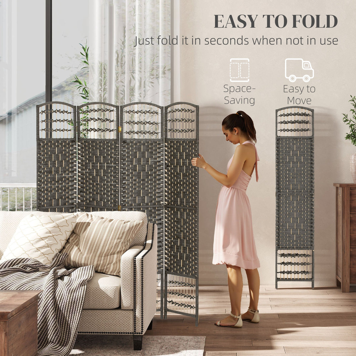 4 Panel Folding Room Divider, Privacy Screen, Freestanding Paravent Partition Separator for Living Room and Office, 160 x 170cm,  Dark Grey