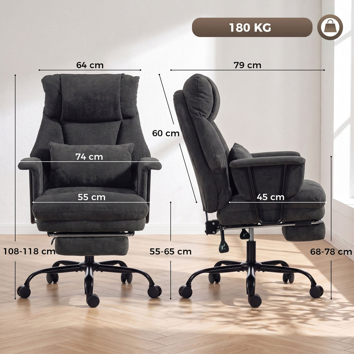 Office Chair, 180kg Heavy Duty Linen Computer Desk Chair with Lumbar Support, Wide Seat, Spring Cushion, Reclining Backrest, Footrest, Swivel Wheels, Black