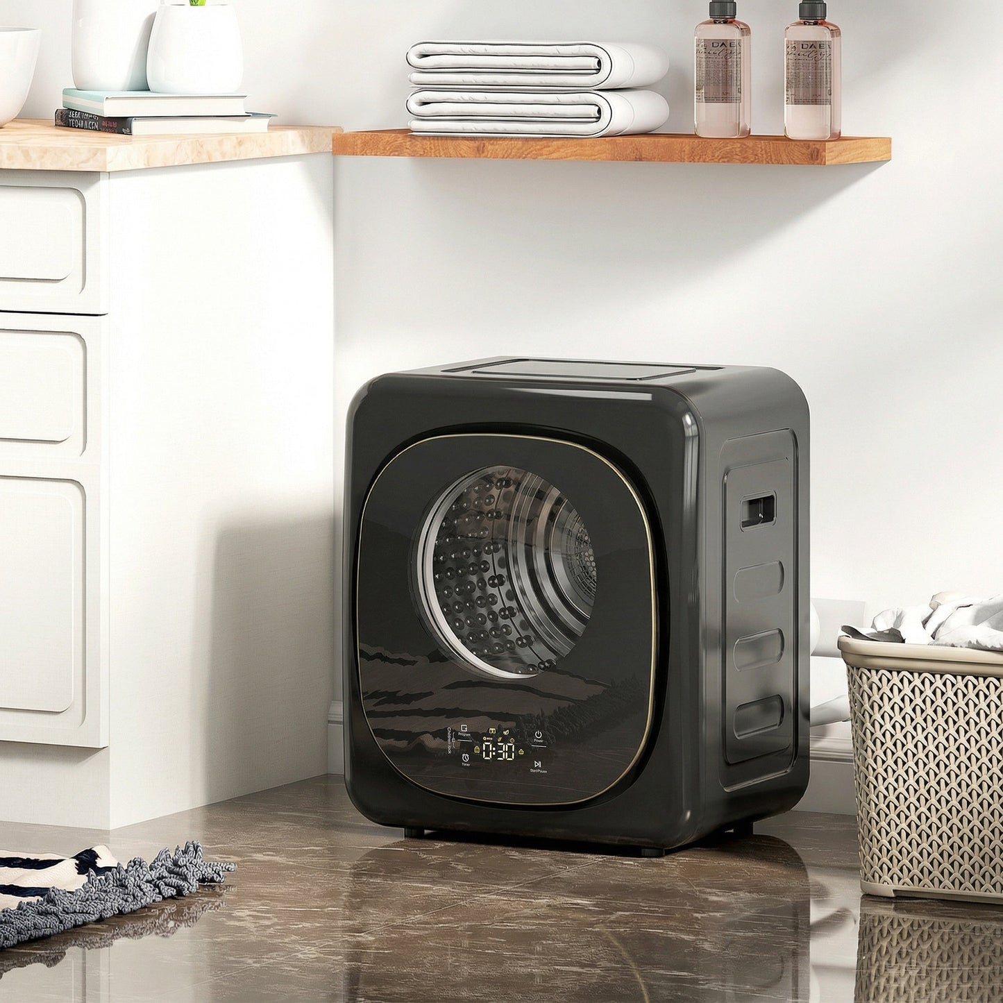 4kg Vented Tumble Dryer, 800W Compact Freestanding Front Tumble Dryer with 5 Drying Mode, Smart Sensor, Timer and Stainless Steel Tub, Wall-Mounted Portable Small Clothes Drying Machine, Black