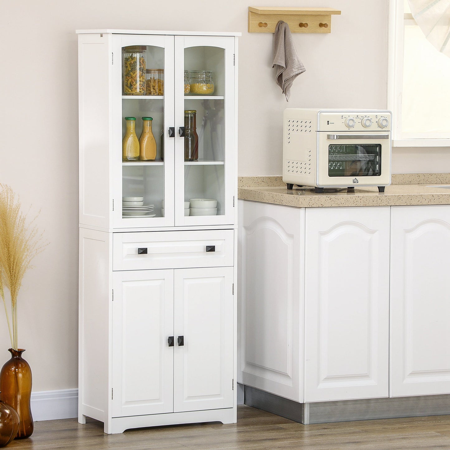 Kitchen Cupboard, Freestanding Storage Cabinet with 2 Adjustable Shelves, Drawer and Glass Door for Living Room, Dining Room, 160cm, White