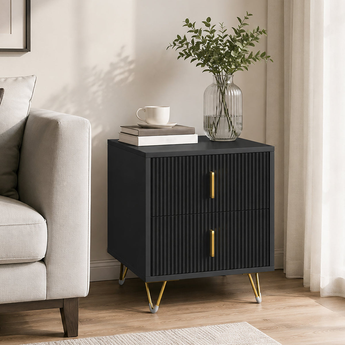 Bedside Table, Small Fluted Bedside Cabinet with 2 Drawers, Modern Nightstand, End Sofa Side Table with Hairpin Legs for Bedroom, Living Room, Black