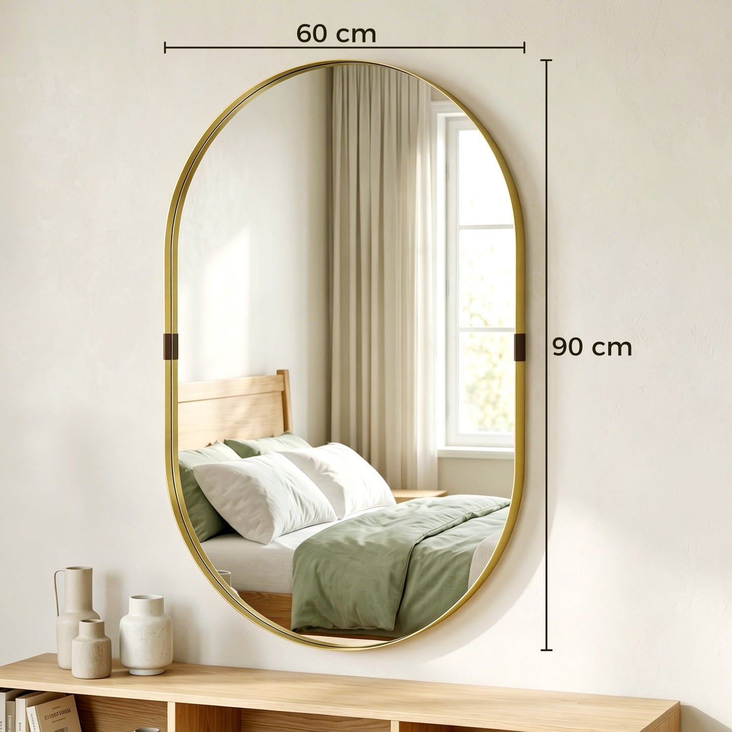 Wall Mirror with Elevated Aluminium Alloy Frame, 60 x 90 cm Bathroom Mirror with Tempered Glass for Living Room, Bedroom, Hallway, Gold Tone
