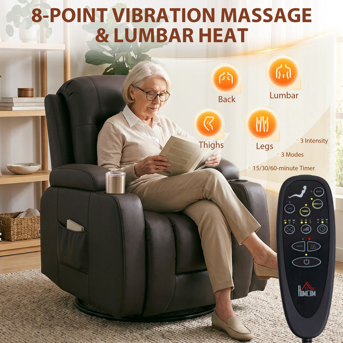 Recliner Armchair with Massage & Heat, Swivel Rocking Recliner Chair with Extended Footrest, Cup Holders and Side Pockets, PU Leather Manual Reclining Chair for Living Room, Dark Brown