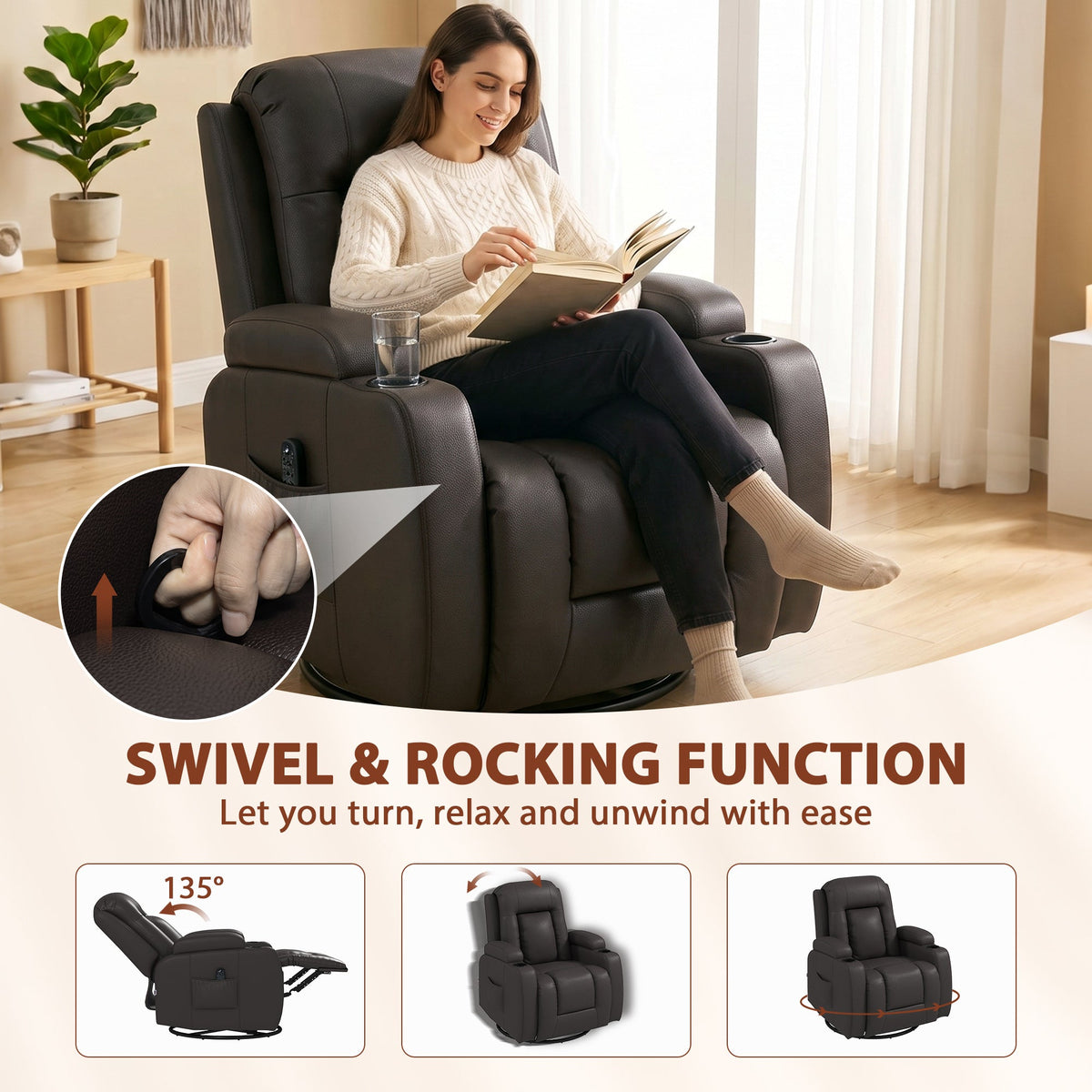 Recliner Armchair with Massage & Heat, Swivel Rocking Recliner Chair with Extended Footrest, Cup Holders and Side Pockets, PU Leather Manual Reclining Chair for Living Room, Dark Brown