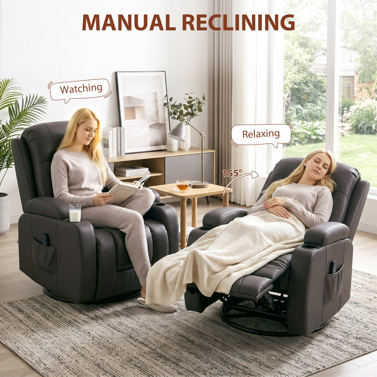 Recliner Armchair with Massage & Heat, Swivel Rocking Recliner Chair with Extended Footrest, Cup Holders and Side Pockets, PU Leather Manual Reclining Chair for Living Room, Dark Brown