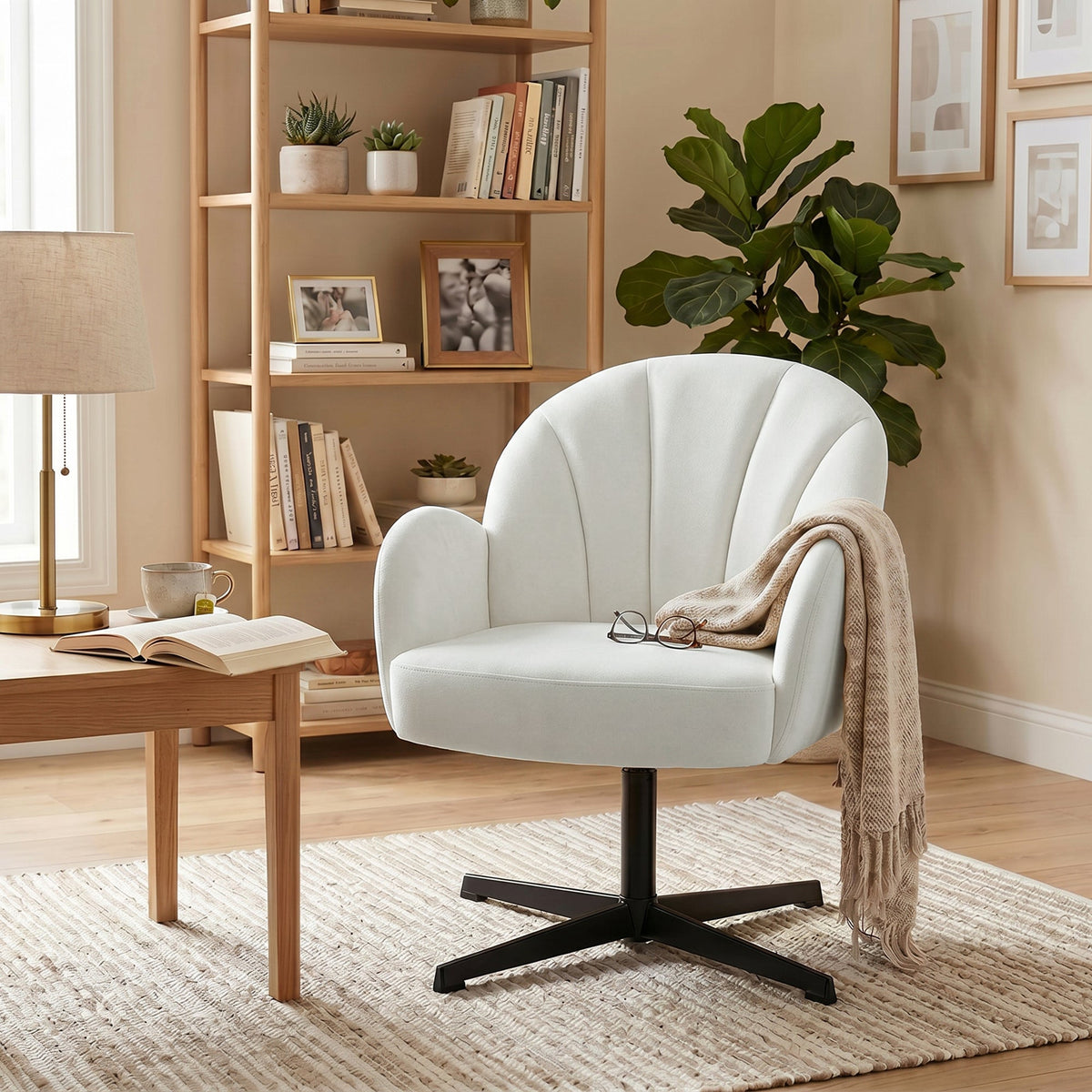 Swivel Accent Chair, Velvet-Feel Fabric Shell-Shaped Armchair with Spring Cushion, Metal Base, Modern Reading Chair for Living Room, Bedroom, Study, Makeup, Cream White