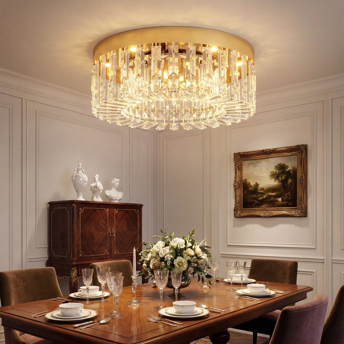 Crystal Chandeliers Ceiling Light with 160 Crystal Pendants, Modern 6-Light Flush Mount Ceiling Light for Living Room, Bedroom, Dining Room, Hall, Gold Tone