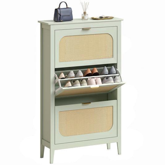 Shoe Storage Cabinet with 3 Flip Drawers, Boho Slim Shoe Cabinet with Rattan Doors for Entryway, Hallway, Holds 21 Pairs, Light Green