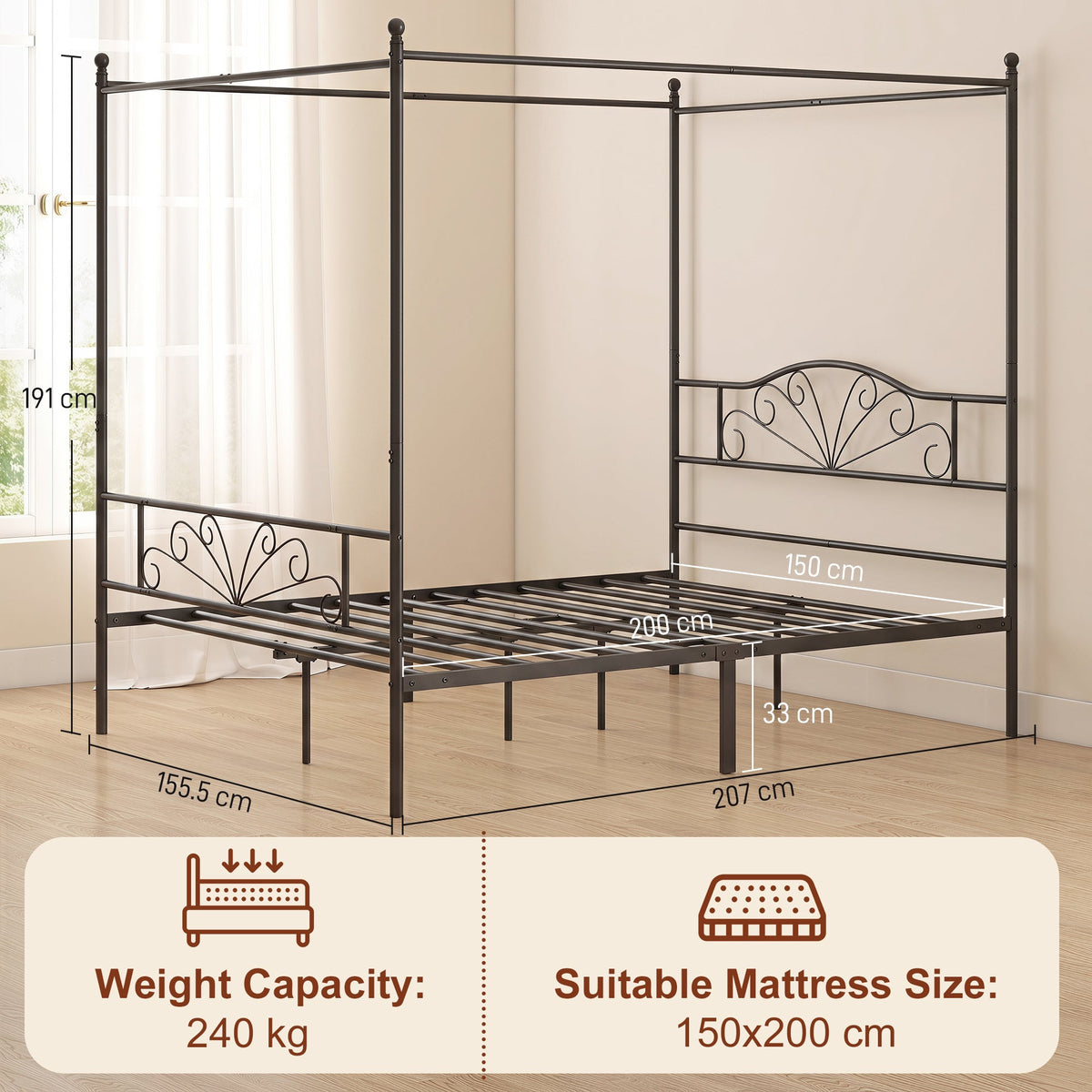 Canopy Bed Frame King Size, Metal Platform Bed Frame with Headboard and Footboard, Underbed Storage, Heavy Duty Steel Slats Support Mattress Foundation, No Box Spring Needed, Black