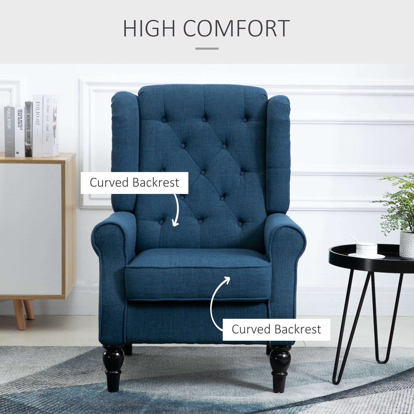 HOMCOM Retro Accent Chair, Wingback Armchair with Wood Frame Button Tufted Design for Living Room Bedroom, Blue