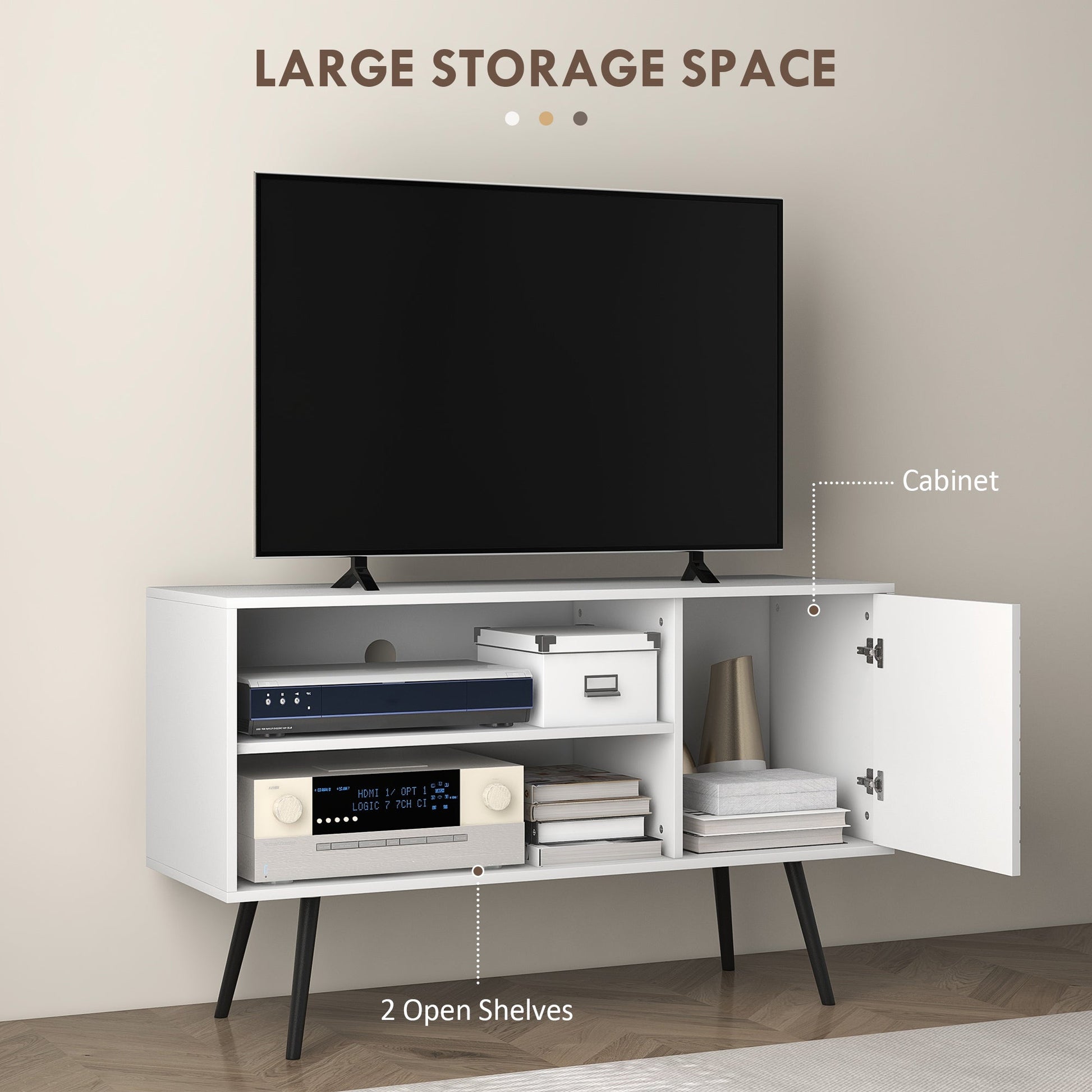 HOMCOM TV Stand Cabinet for 50 Inch TVs, TV Unit with Open Shelves, Soft-close Door and Cable Holes, Entertainment Unit for Living Room, White