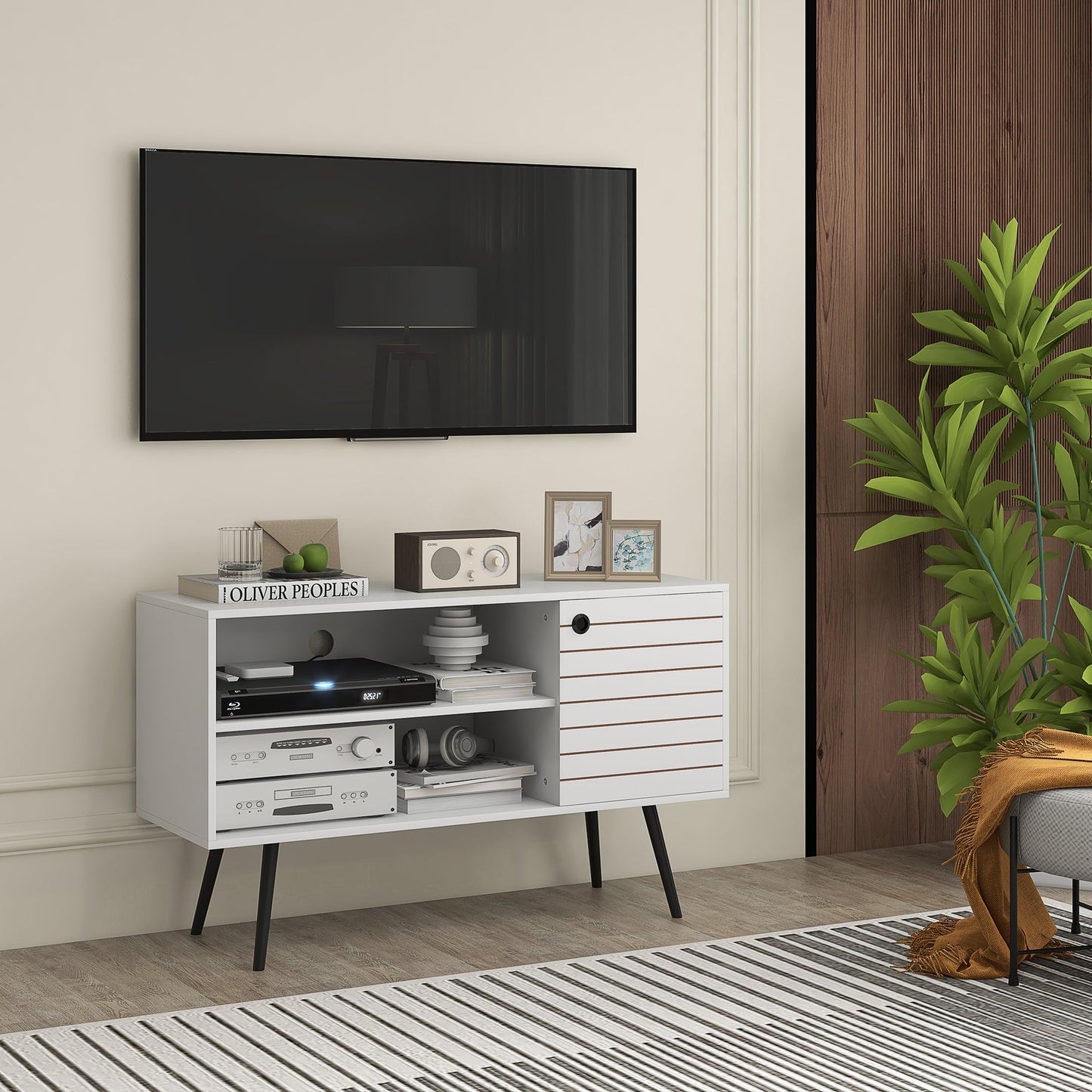 HOMCOM TV Stand Cabinet for 50 Inch TVs, TV Unit with Open Shelves, Soft-close Door and Cable Holes, Entertainment Unit for Living Room, White