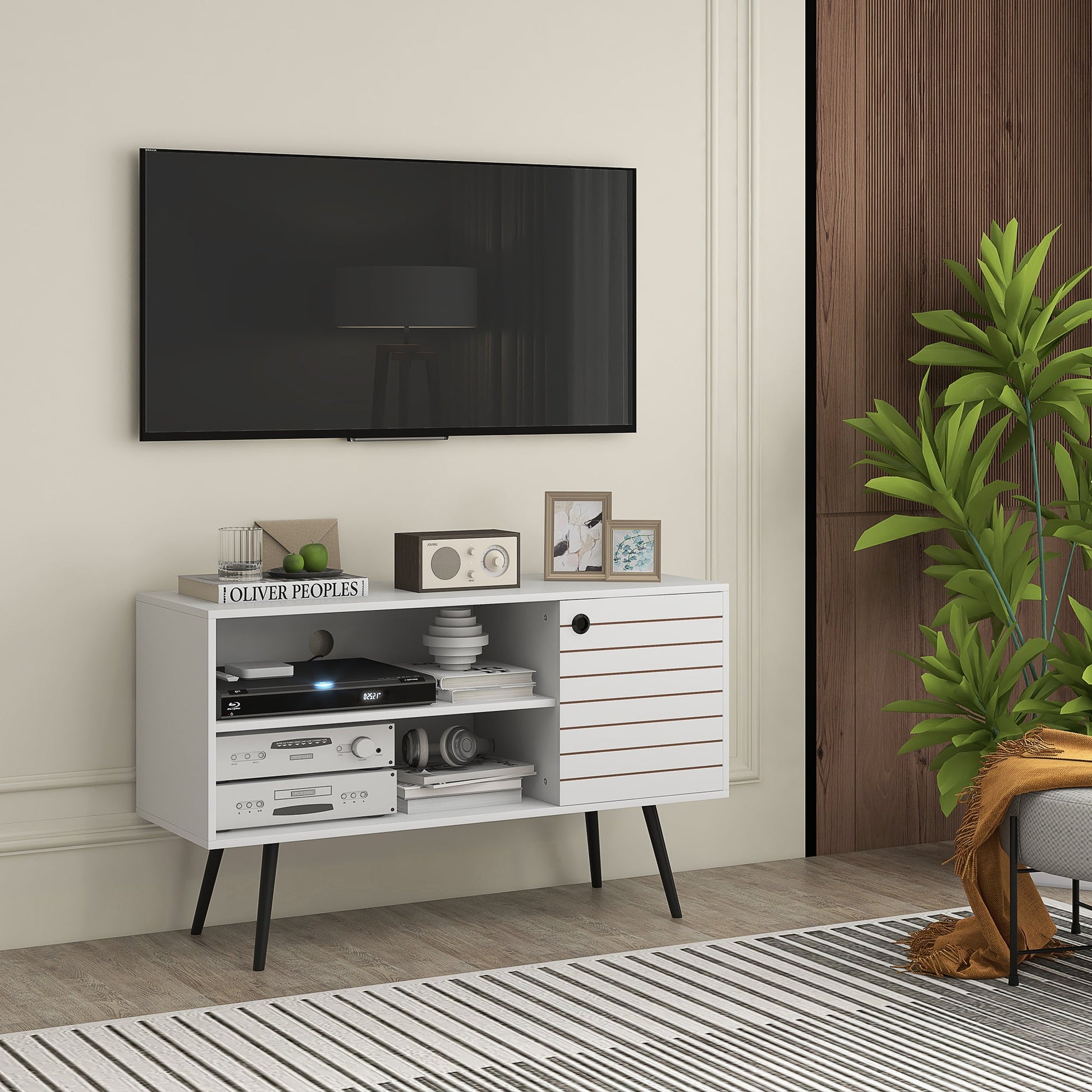 HOMCOM TV Stand Cabinet for 50 Inch TVs, TV Unit with Open Shelves, Soft-close Door and Cable Holes, Entertainment Unit for Living Room, White