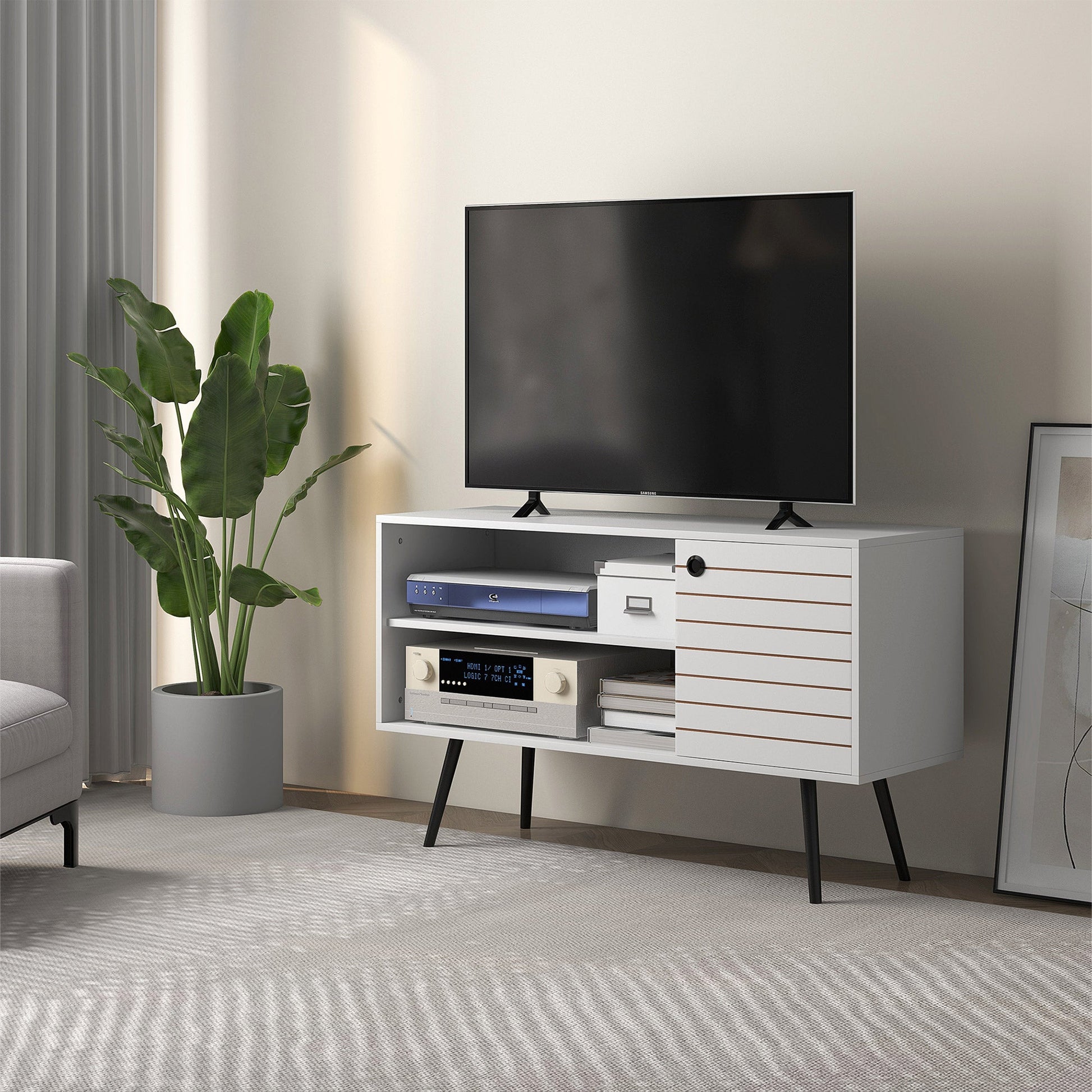 HOMCOM TV Stand Cabinet for 50 Inch TVs, TV Unit with Open Shelves, Soft-close Door and Cable Holes, Entertainment Unit for Living Room, White