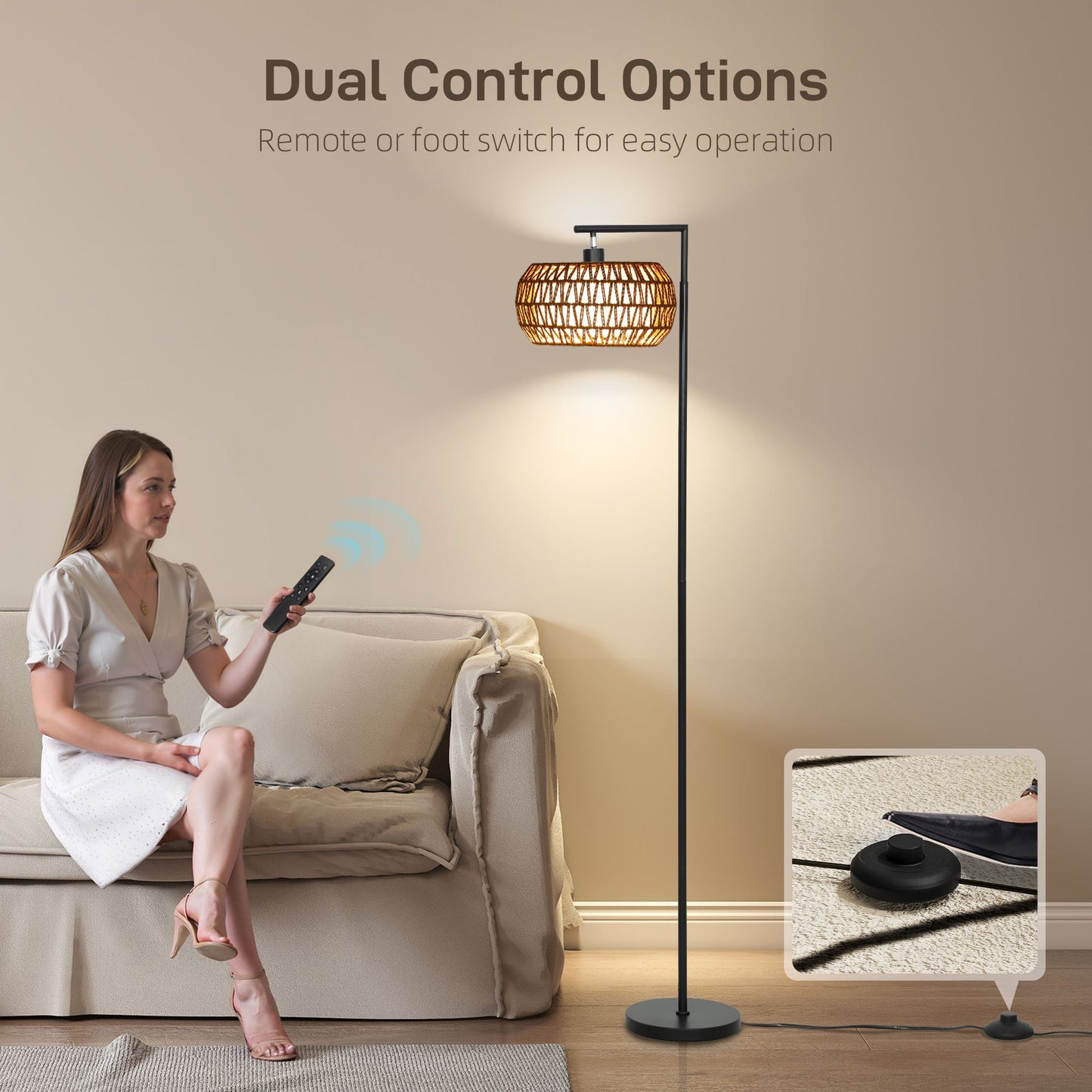 Boho Floor Lamp with Double Shade, Dimmable Standing Lamp with Remote and Foot Switch, 3 Colour Temperatures and Timer for Living Room, Bedroom, Office, Black