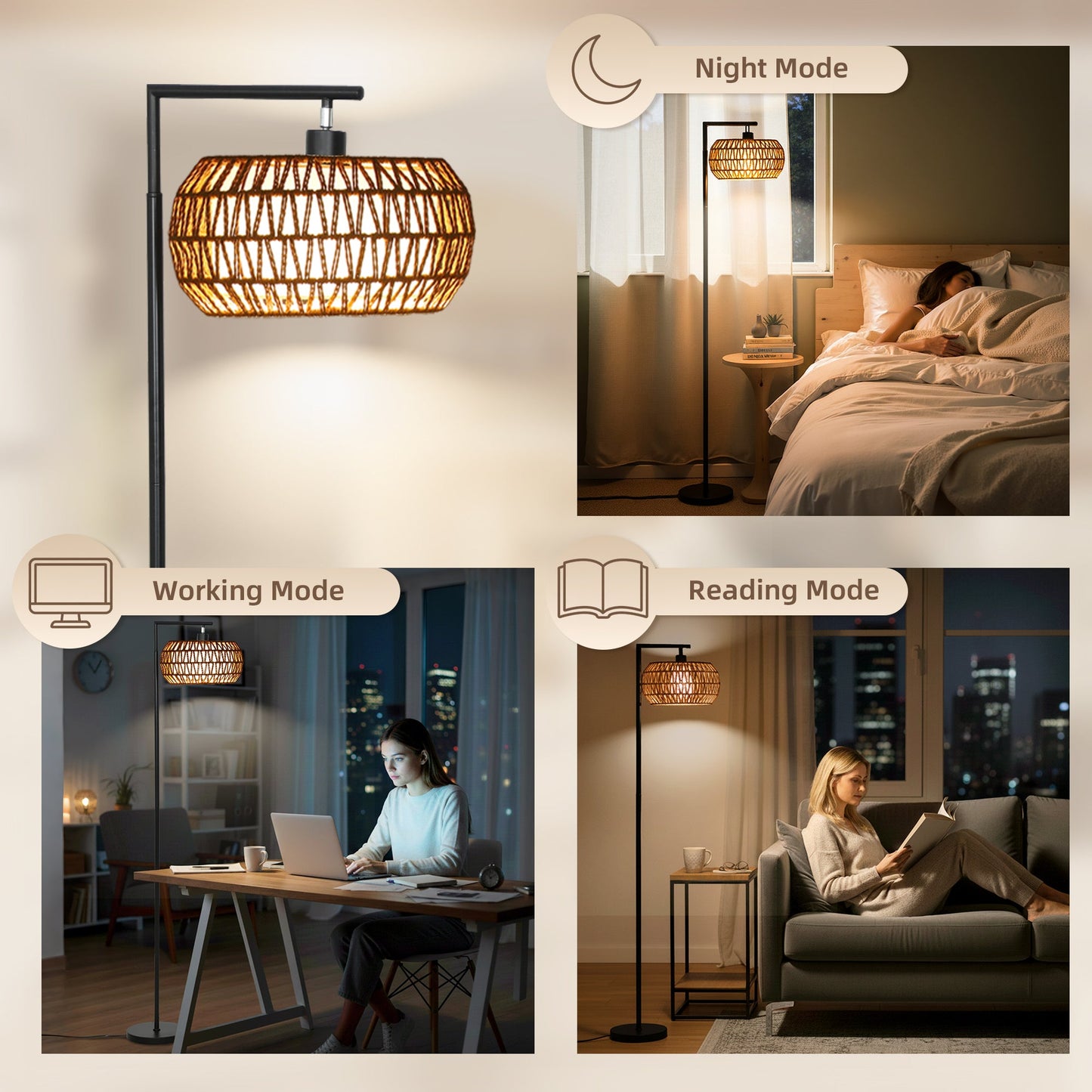 Boho Floor Lamp with Double Shade, Dimmable Standing Lamp with Remote and Foot Switch, 3 Colour Temperatures and Timer for Living Room, Bedroom, Office, Black