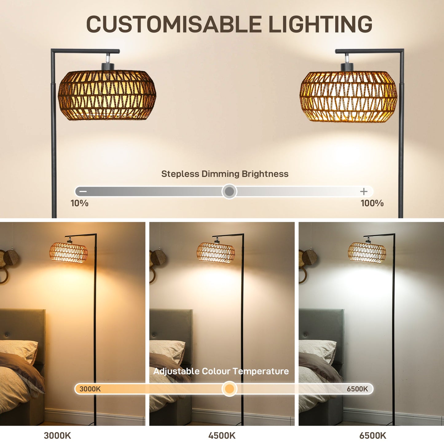 Boho Floor Lamp with Double Shade, Dimmable Standing Lamp with Remote and Foot Switch, 3 Colour Temperatures and Timer for Living Room, Bedroom, Office, Black