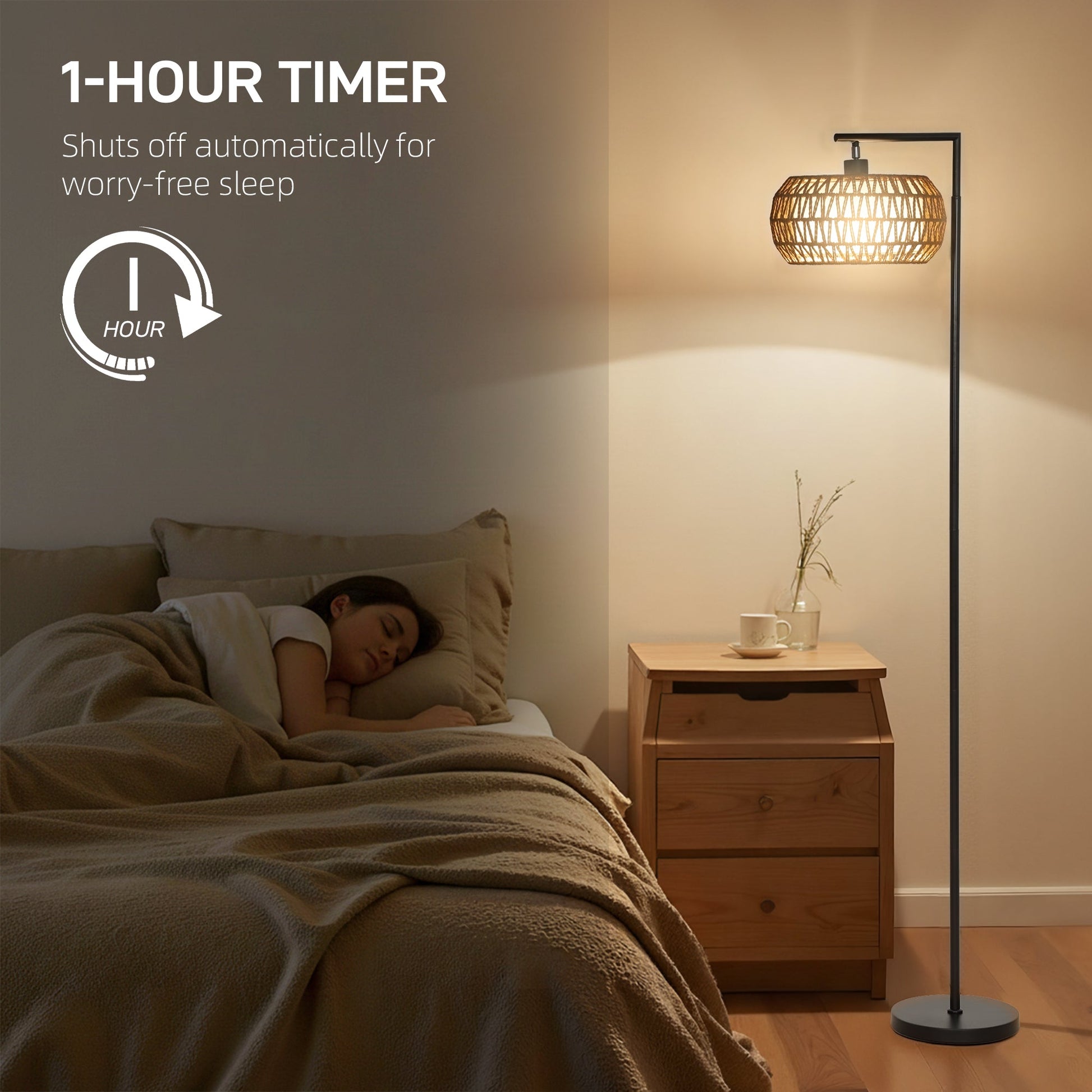 Boho Floor Lamp with Double Shade, Dimmable Standing Lamp with Remote and Foot Switch, 3 Colour Temperatures and Timer for Living Room, Bedroom, Office, Black