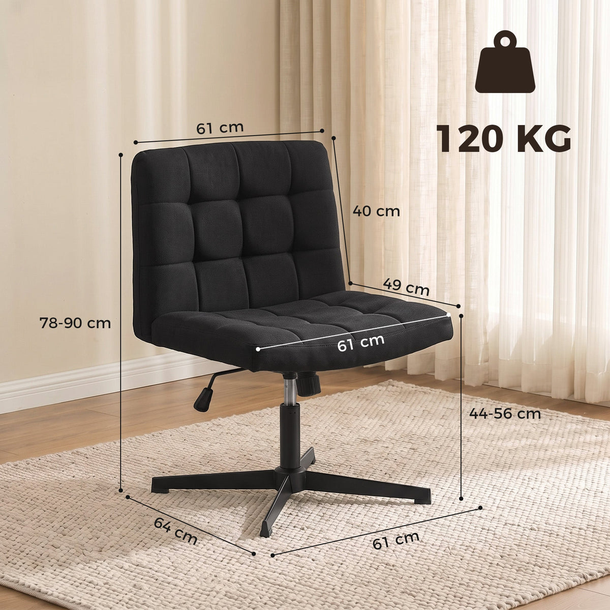 Armless Office Chair, Cross Legged Linen Computer Desk Vanity Chair with Wide Seat, Rocking Function, Swivel, Adjustable Height for Home Office, Study, Bedroom, Makeup, Black