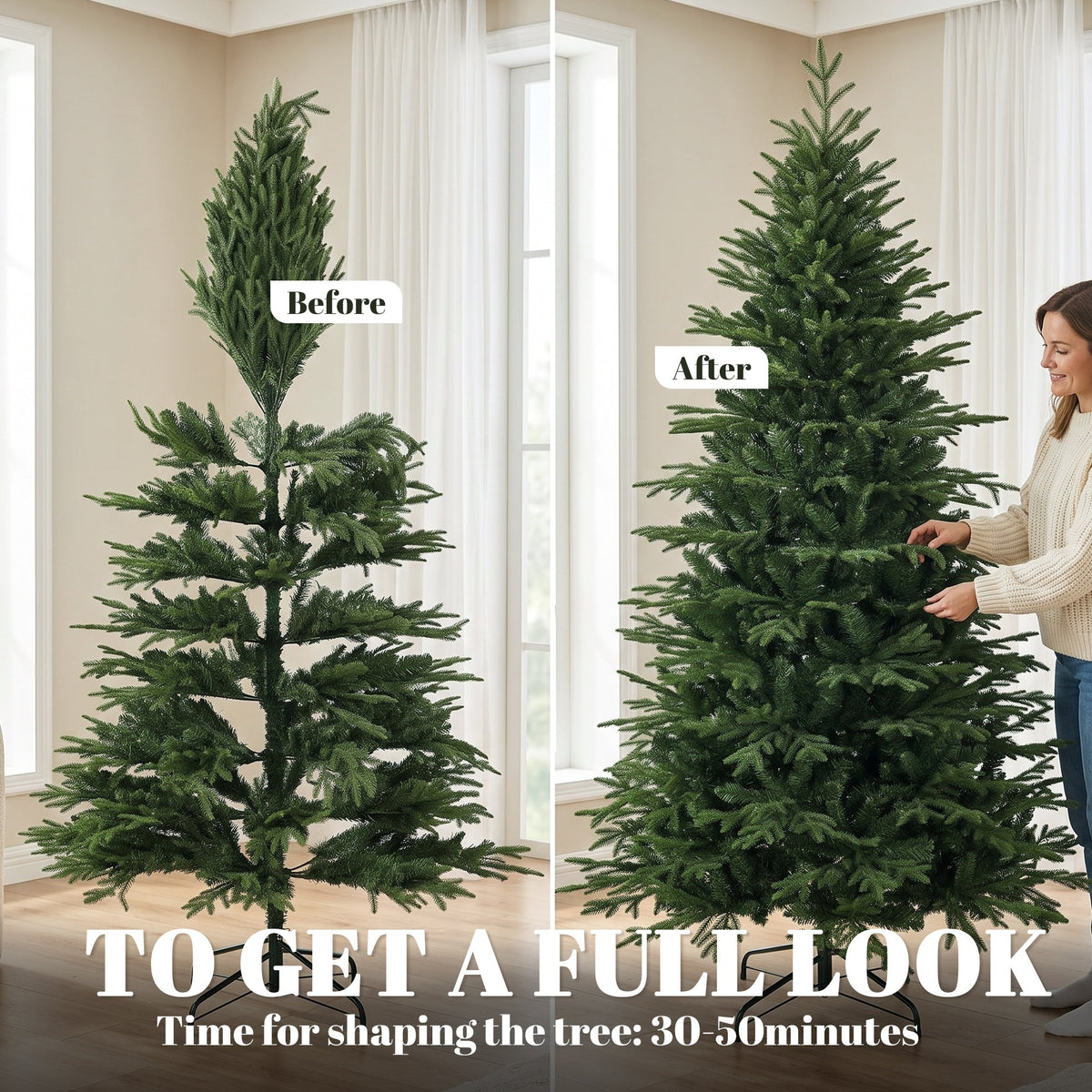 7ft Artificial Christmas Tree with 2080 Realistic Tips, Hinged Xmas Tree with Wide Shape, Foldable Metal Base for Home Office Holiday Decoration, Green
