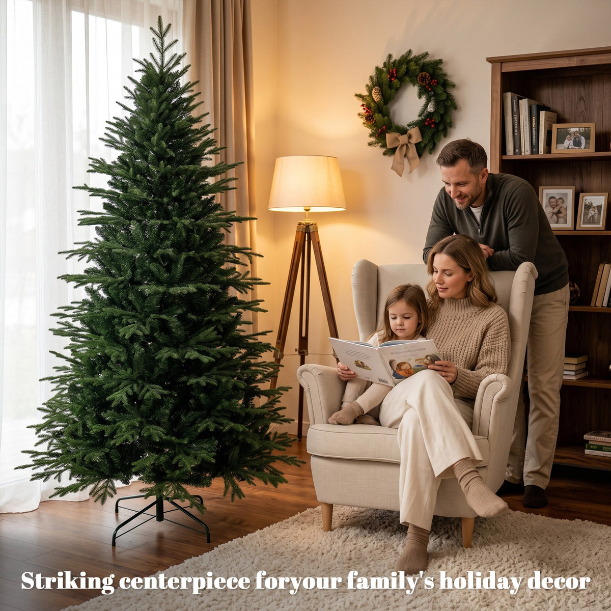 7ft Artificial Christmas Tree with 2080 Realistic Tips, Hinged Xmas Tree with Wide Shape, Foldable Metal Base for Home Office Holiday Decoration, Green